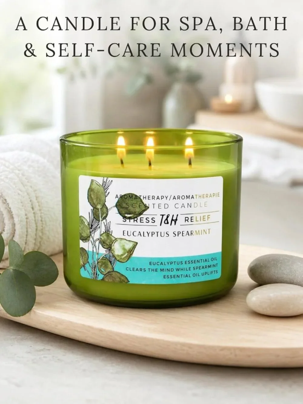Large Eucalyptus Spearmint Soy Candle | 3 Wick Aromatherapy | Relaxation Gift
